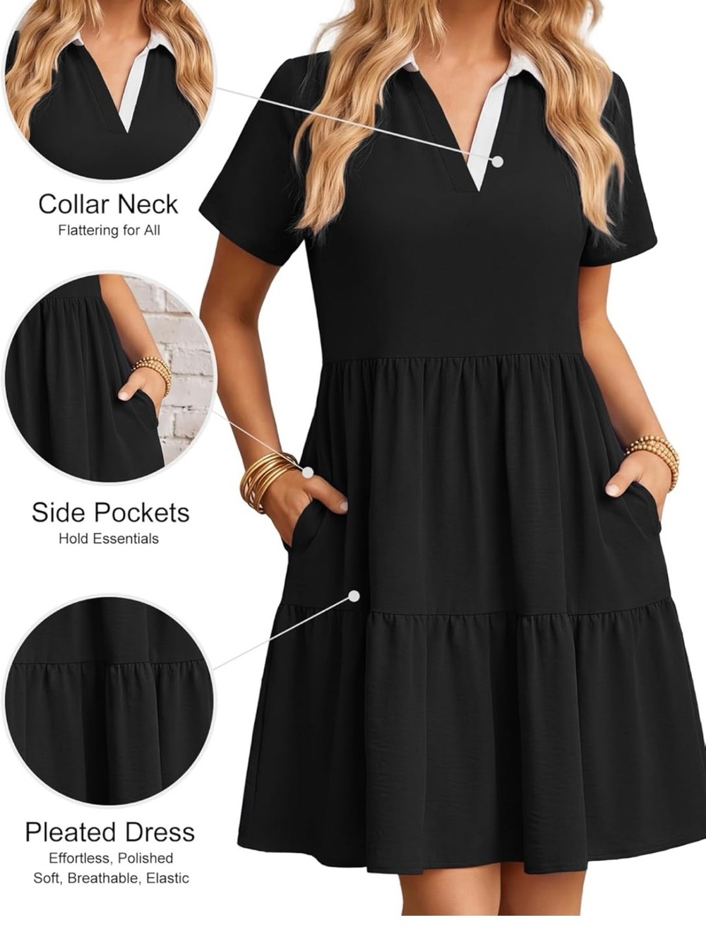 Women’s Black Pleated Collar Dress with Pockets
